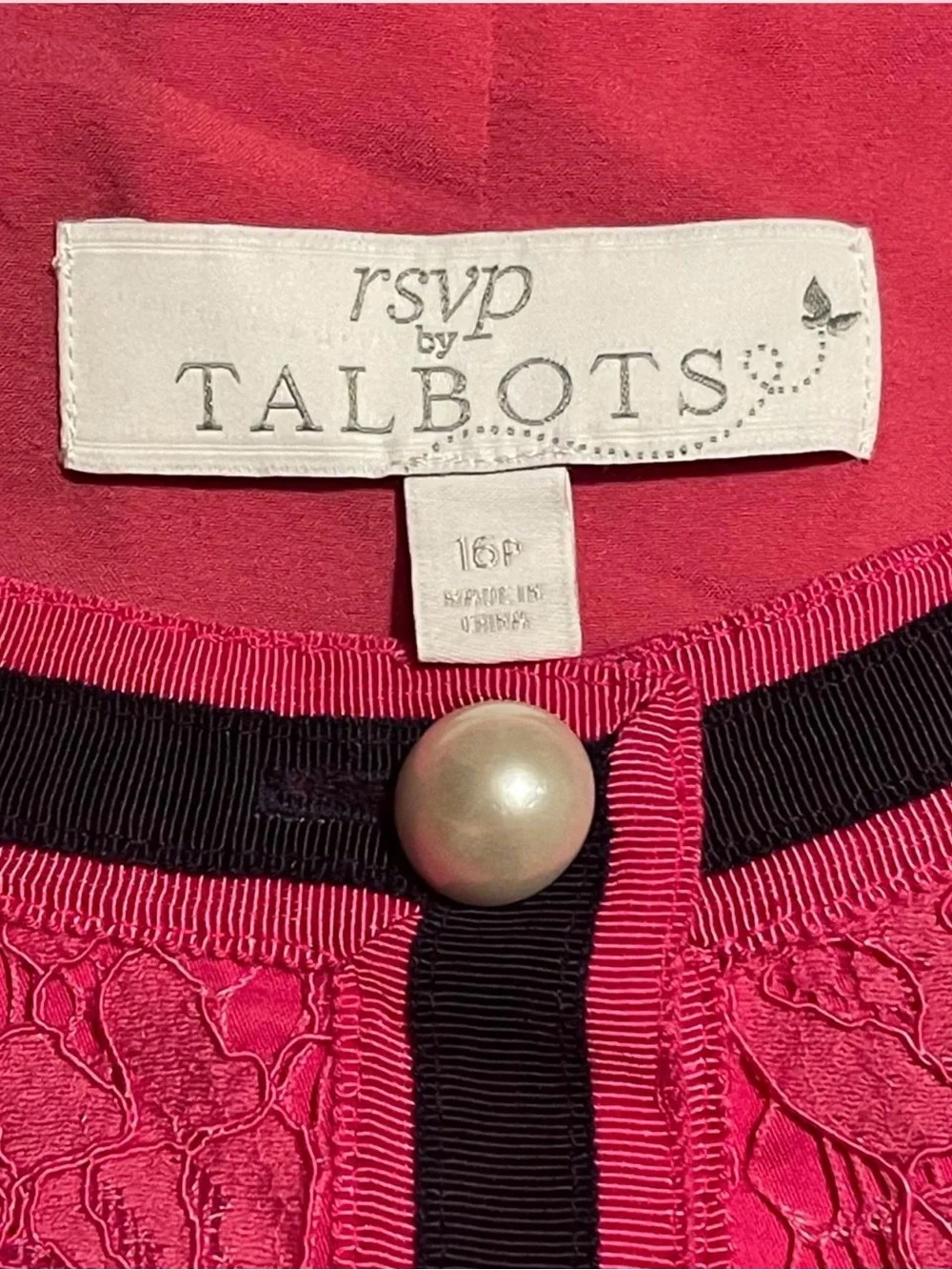 RSVP by Talbots Pink Floral Lace Blazer with Black Trim and Pearl Buttons